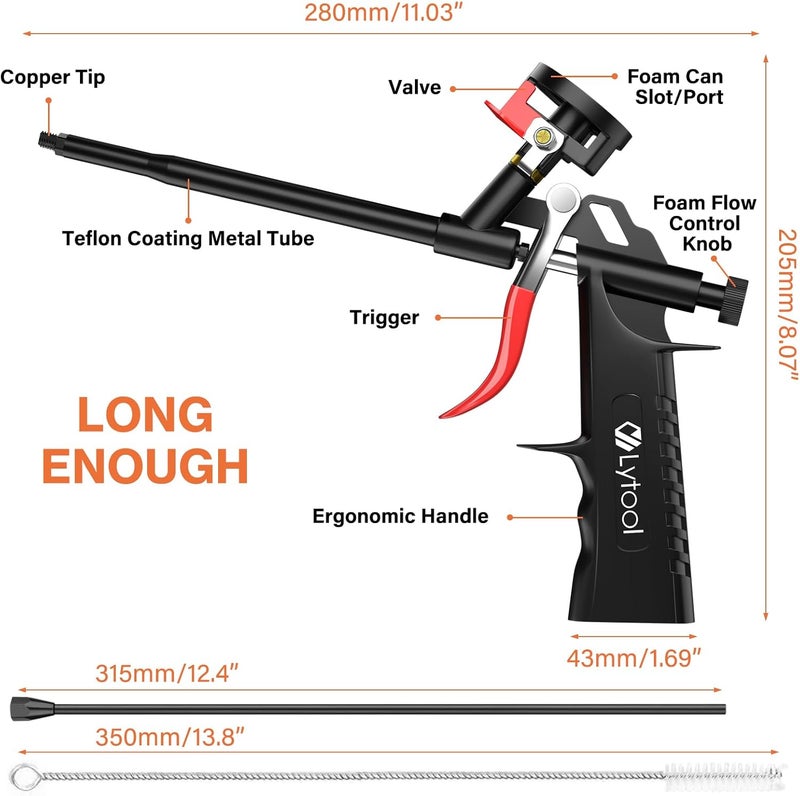 Lytool 2pcs Spray Foam Gun Kit with 12.6" Extension Rods and 15.7" Cleaning Brushes Copper Nozzle PTFE Coated Barrel Adjustable Caulking Gun for Insulation and Sealing Compatible with PU Foam Cans - Image 2